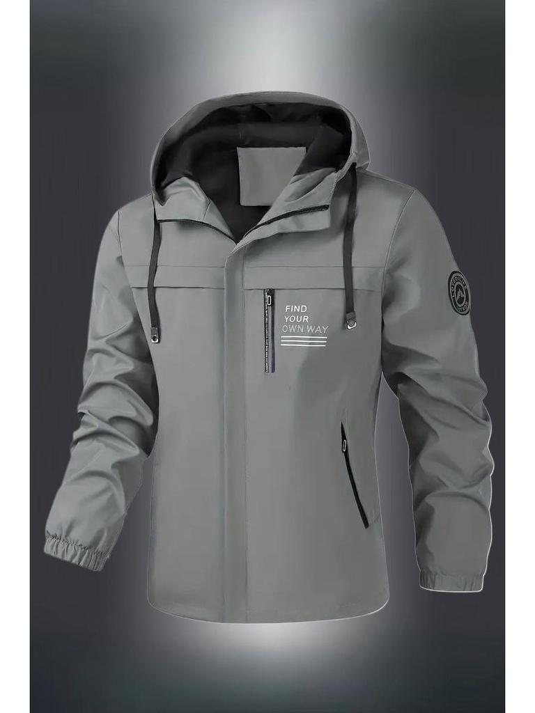 Men's Outdoor Windbreaker Jacket - Fleece Lined Hooded Coat for Autumn/Winter, Solid Color