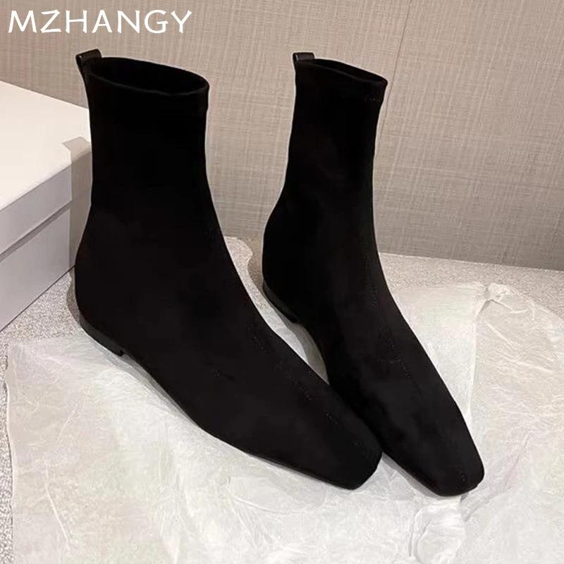 Mode Damen Wildleder Hohe Stiefel Flats Eckige Zehenschuhe Frau 2025 Trend Chelsea Boots Winter Goth Walking Neu Mujer Schnee Motorradstiefel