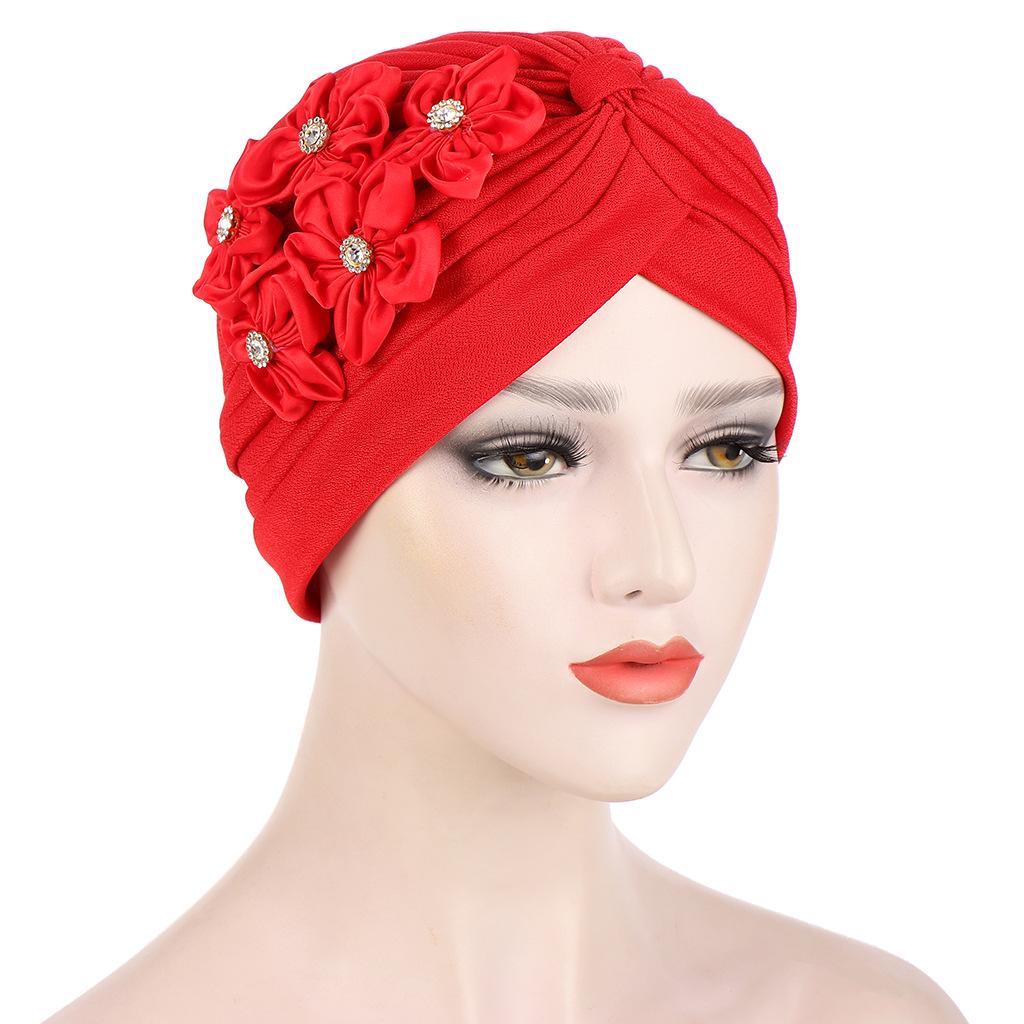 Women Flowers Ruffle Turban Caps Muslim Elastic Pearls Headscarf Bonnet Ladies Hair Accessories Indian Cap Turbante Mujer