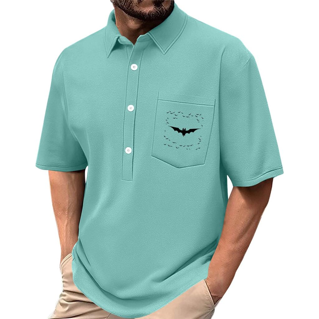 Men's Summer Solid Color Print Four-sided Stretch Lapel Button Pocket Shirt Casual Sports Short-sleeved Top