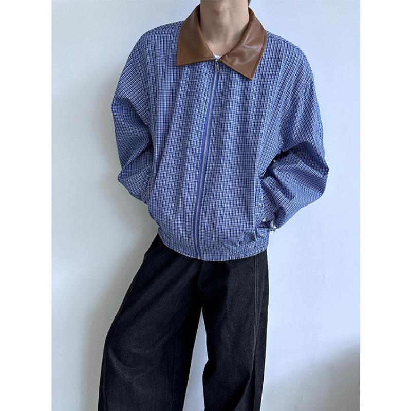 Men s Loose Fit Zip Up Casual Jacket With Checkered Pattern And Contrast Collar M синий