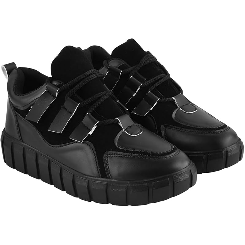 Shoetopia Stylish Lace-Up Black Colored Sneakers For Women & Girls /Uk8