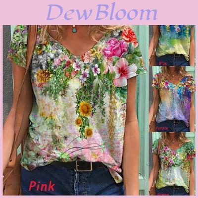 Bequemes Damen V-Ausschnitt Kurzarm Bluse Lässiges Blumenprint T-Shirt Tunika Oberteile