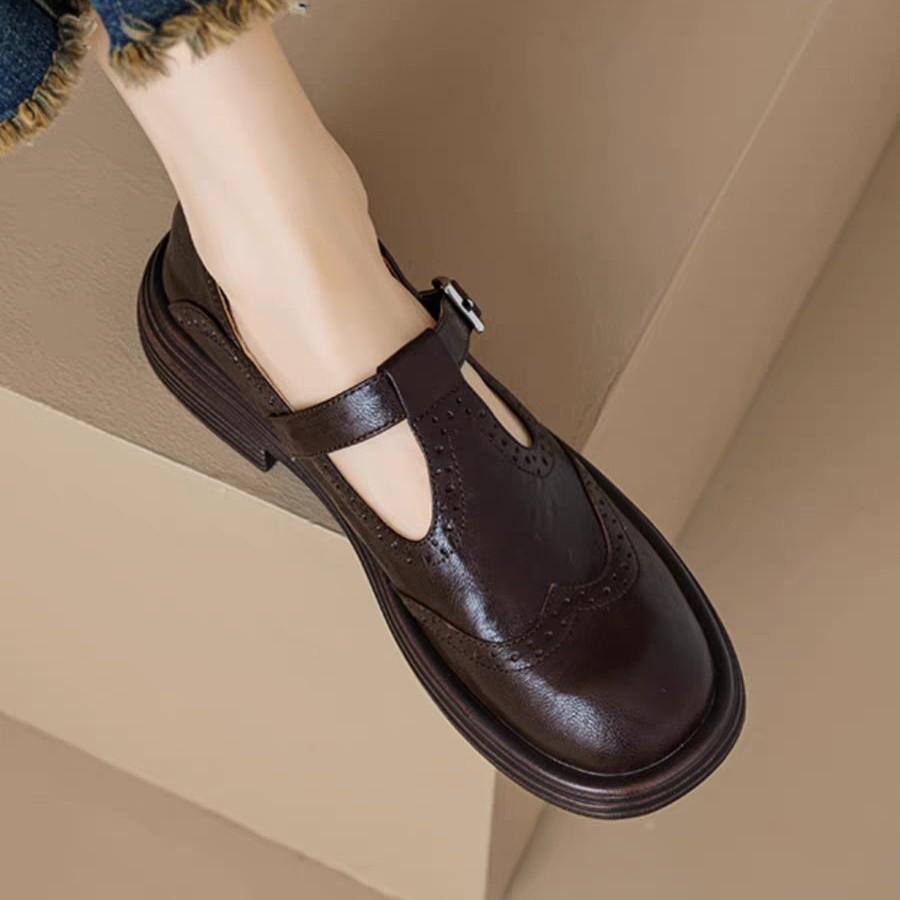Fashion Women's Shoes T Strap Casual Vintage Lambskin Openwork Flower Flat Heel Loafers Women New Shoes Round Head  Leisure Daily Shoe