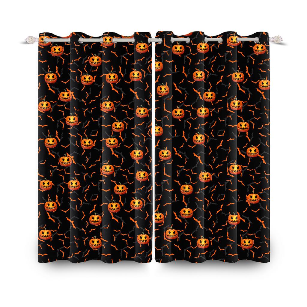 2pcs/set Horror Halloween Window Curtain Bat Spider Pumpkin Ghost Haunted House Home Decor Blackout Polyester Fabric Curtains