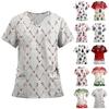 Women's Fashion Printed Short Sleeve V Neck Pattern Tops Pocket Working T-shirts