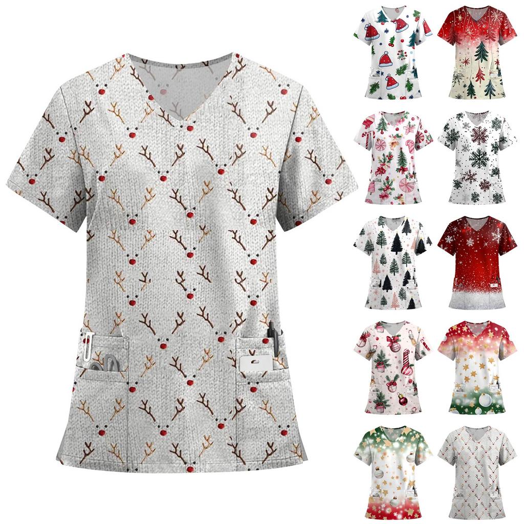 Women's Fashion Printed Short Sleeve V Neck Pattern Tops Pocket Working T-shirts