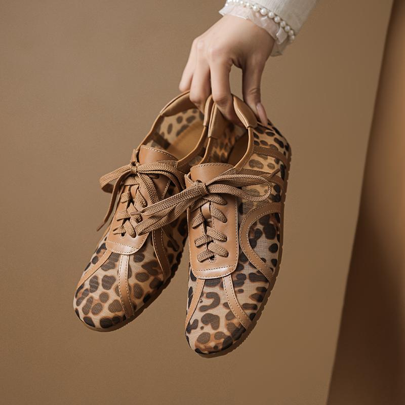 Fashion 2025 Fashion Mesh Leopard Lace Up Flat Shoes Casual Shoes Comfort Spring Summer Round Toe Casual Shoes Pumps Women Flat Pumps