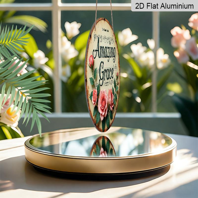 2D Flach, 1 Stück Rundes Aluminium-Hängeschild, „Amazing Grace“ Notenblatt & Rosa Rosen Design, Vintage Christliches Hymnen Metallschild, Perfekt für