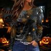 Women's Fashion Round Neck Long Sleeve Top with Hem Slit Halloween Print