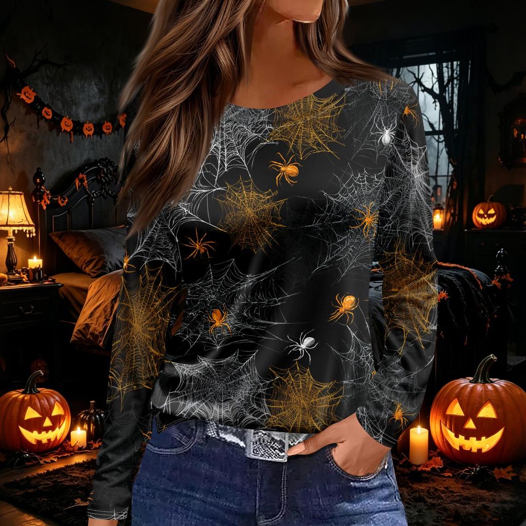 Women's Fashion Round Neck Long Sleeve Top with Hem Slit Halloween Print