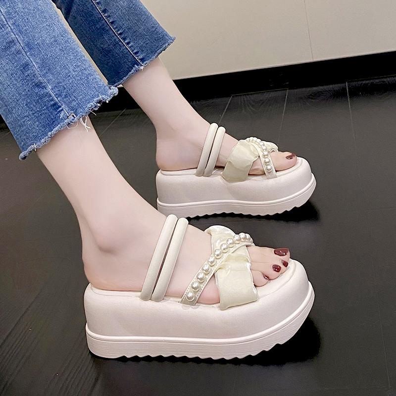 fashion Women Pearl Wedge Sandals Summer 2024 Chunky Platform Slippers for Woman Thick Bottom Beach Flip Flops Gladiator Sandalias Mujer