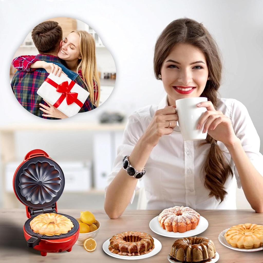Mini výrobník na dortíky, Přenosný mini výrobník na bábovky s oboustranným ohřevem, Elektrické výrobníky na cupcaky na snídaňové dorty a svačiny (Červené)