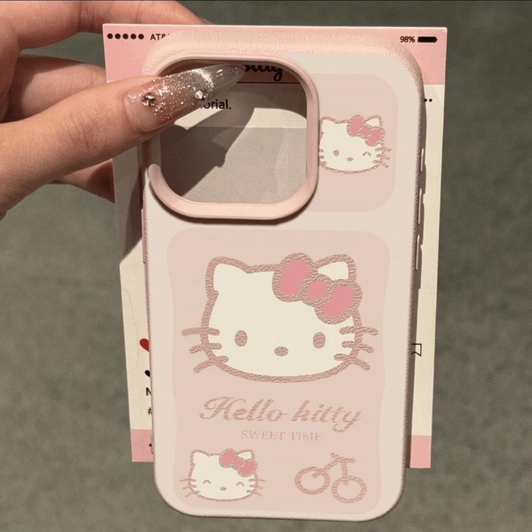 

Cherry Blossom Kitty 17 Pro Max Faux Leather Phone Case - Simple Design for 14/13/11 with Large Hole Fits 16 Plus and 15 Pro. iPhone 15