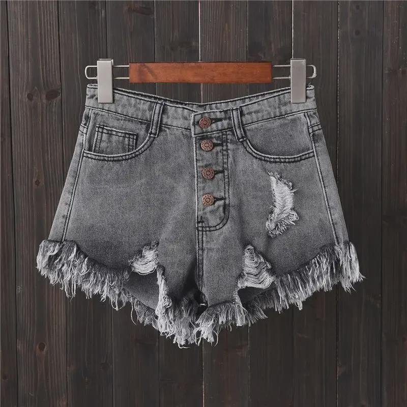 Plus-Size Ripped Button-Down Denim Shorts - Korean Style Wide-Leg Summer Hot Pants with Frayed Hem