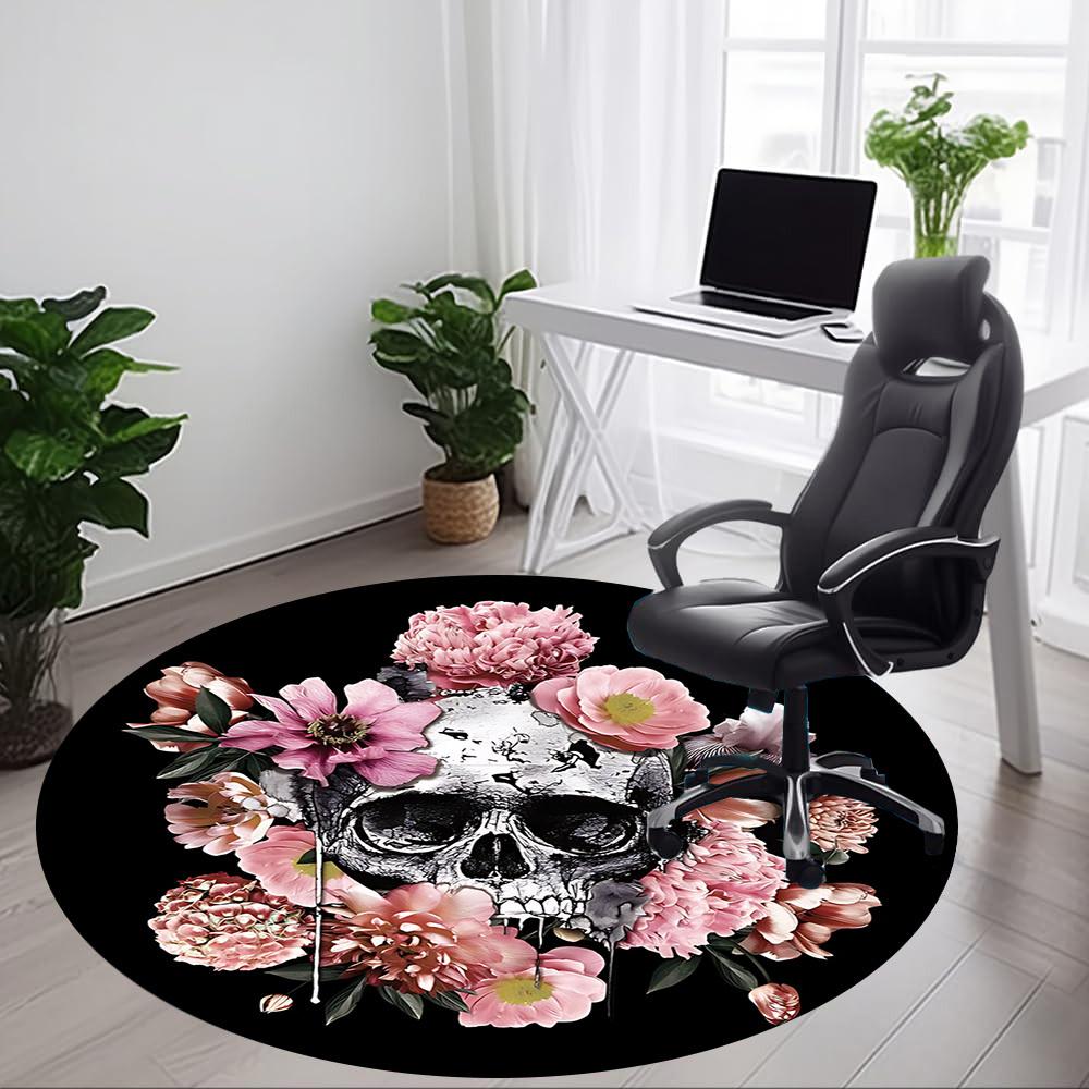 1pc Skull Flowers Office Round Area Rug, Indoor Mat Suitable For Office, Under Office Chairs Bedroom Living Room Home Decor, Room Deco