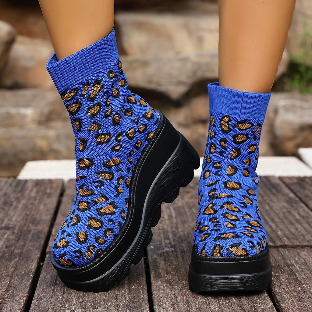 Women Punk Ankle Boots Leopard Design Platform Motorcycle Boots Lace Up Block Heel Comfortable Casual Outdoor Shoes