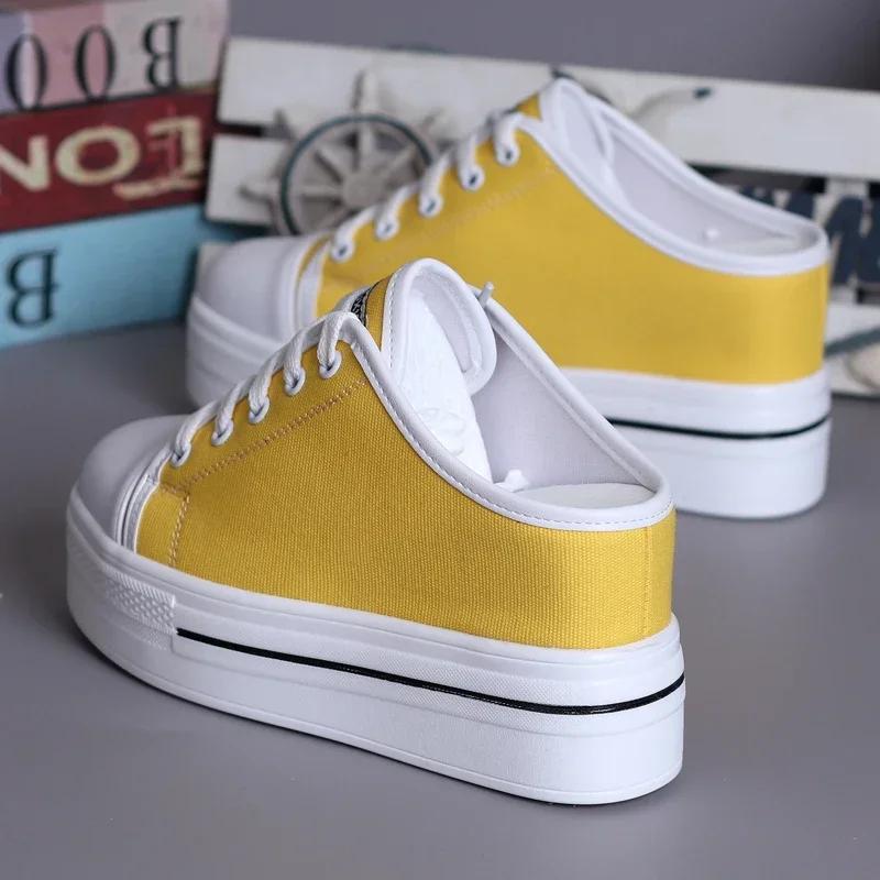 Fashion Elegant Black White Canvas Platform Wedge Slippers Women Mules Shoes Leisure Stealth Increase Slippers Woman Closed Toe Sandals