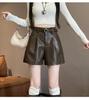 Women's Black PU Leather High-Waisted A-Line Shorts - Wide-Leg, Casual, Slimming, Autumn/Winter 2025