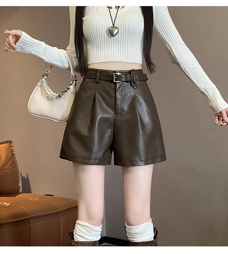 Women's Black PU Leather High-Waisted A-Line Shorts - Wide-Leg, Casual, Slimming, Autumn/Winter 2025