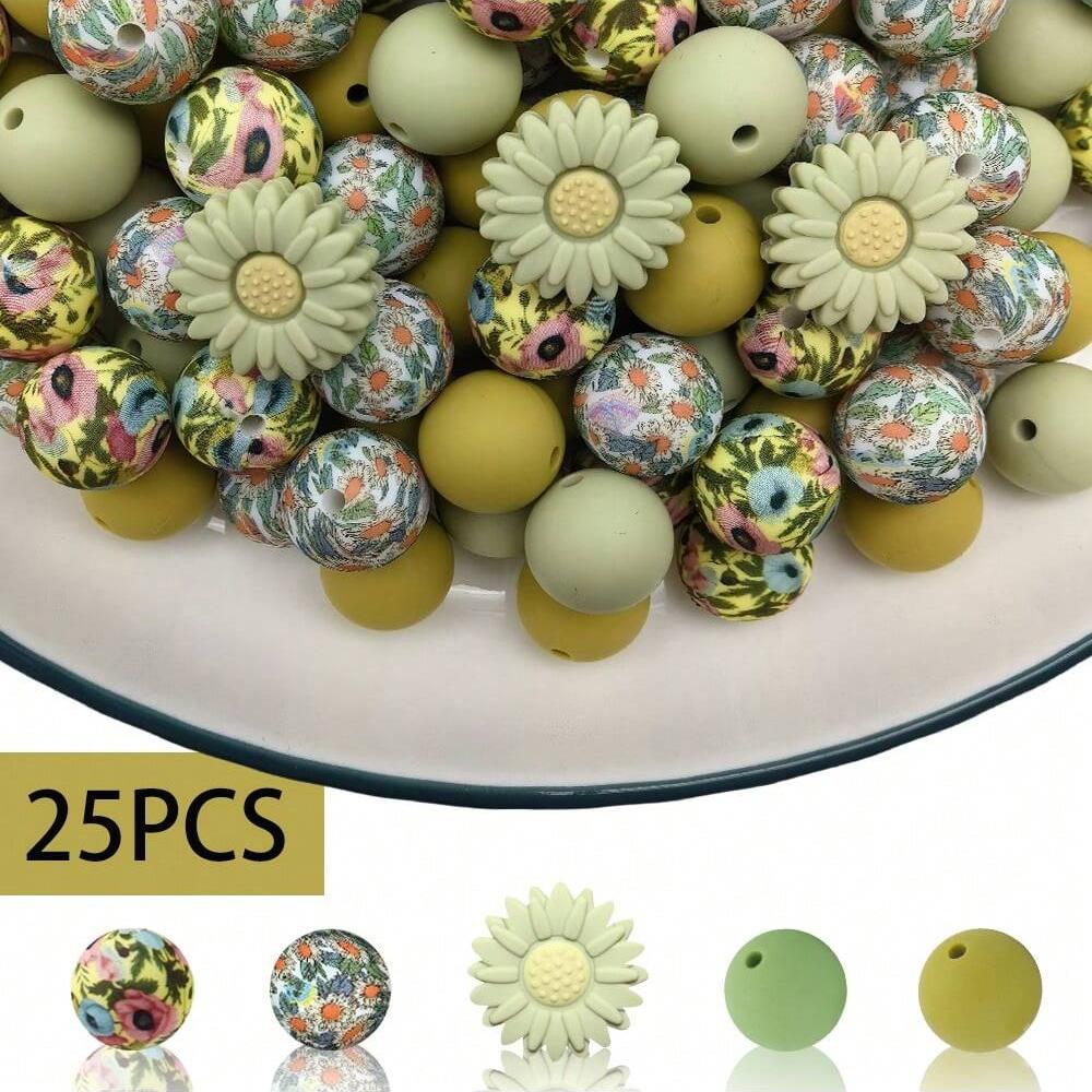 25PCS daisy and floral printed silicone bead set, punk style, suitable for DIY keychains, bracelets, bead pens