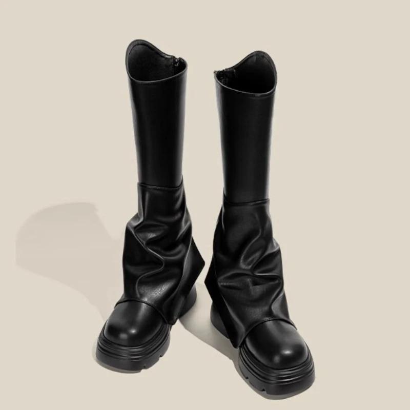 Women's Fashion Pantyhose Boots New V Mouth Round Toe Zipper Thick Bottom Niche Tall Boots Comfortable Rider Boots Women Shoes