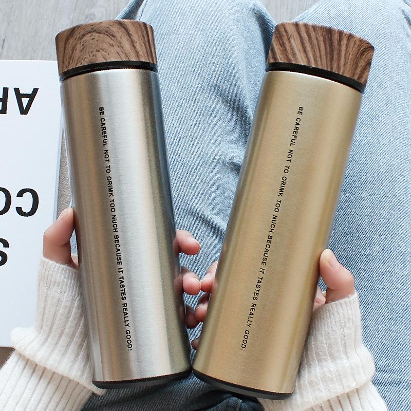Трендова ізольована чашка для води з нержавіючої сталі з кришкою під дерево – Стильна корейська чашка для чаю для чоловіків, жінок, пар та студентів