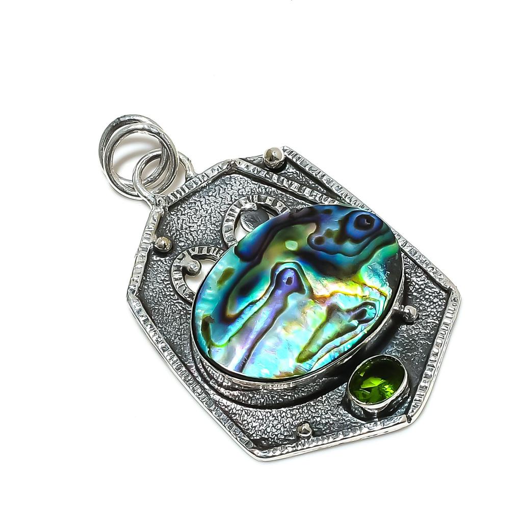 Concha de Abulón, Colgante de Gema Peridoto, Gema de Concha de Abulón Natural Hecho a Mano Plata de Ley 925 Colgante de Concha de Abulón Para Mujeres Colgante Para Regalos