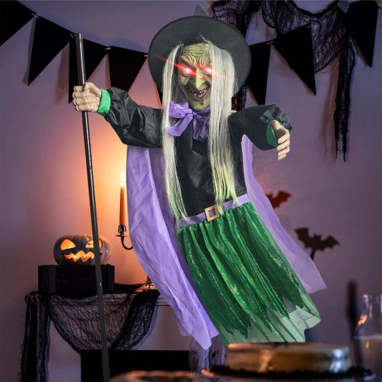 6 FT Halloweenská létající čarodějnice dekorace Hlasem aktivovaná animatronická čarodějnice na koštěti se svítícíma očima pro zahradu dvůr trávník venkovní vnitřní dekorace