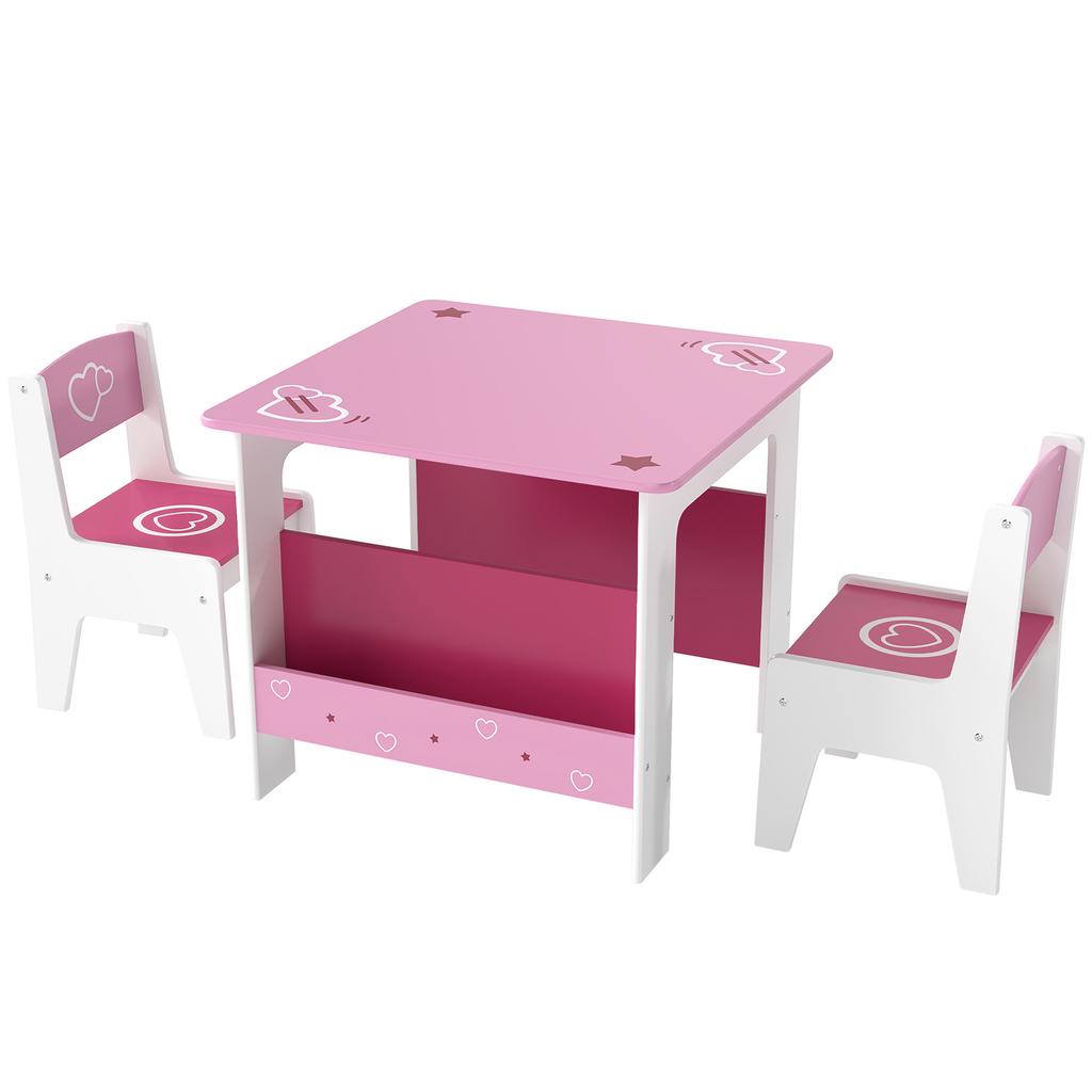 3 Pieces Kids Table and Chair Set, Toddler Activity Table with Bookshelves, for Living Room, Nursery, Playroom, Pink