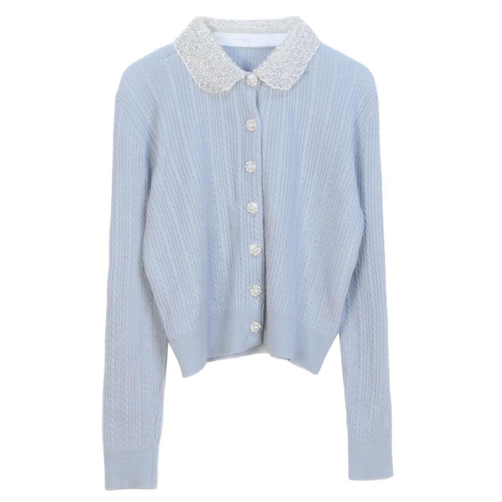 2025 Spring Collection: Women's High-End Bead-Embellished Detachable Collar Cable Knit Cardigan with Diamond Buttons