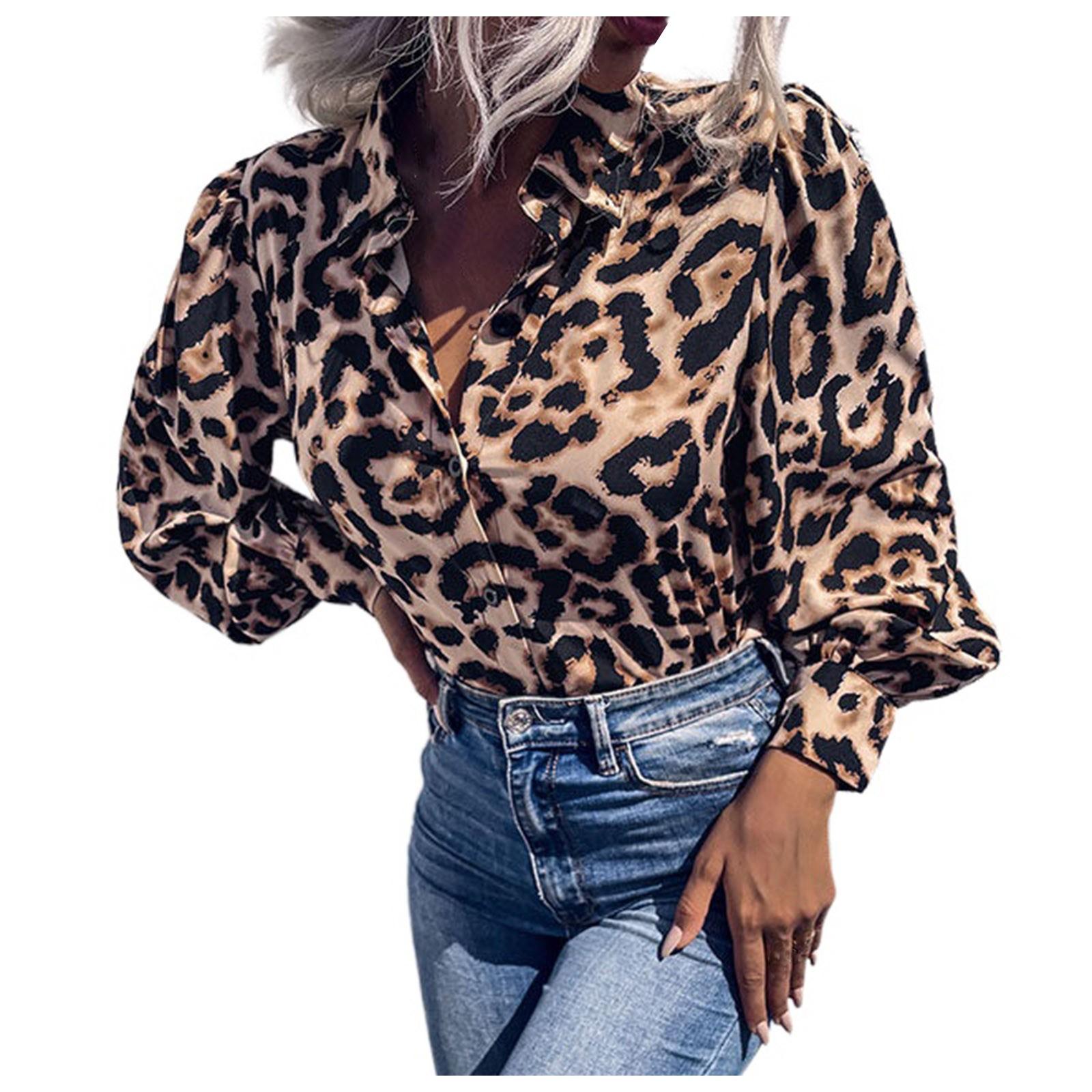 Ladies Vintage Tops Loose Long Sleeves Lapel Leopard Shirts Women s Fashion Shirts, Casual Long Sleeves Button Up Shirts Tops M