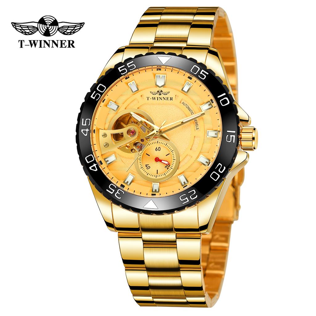 T-WINNER Neue Mode Wasserdichte Mechanische Herren-Automatik-Uhr mit Leuchtzeigern und Edelstahlarmband 3BAR Wasserdichtigkeit