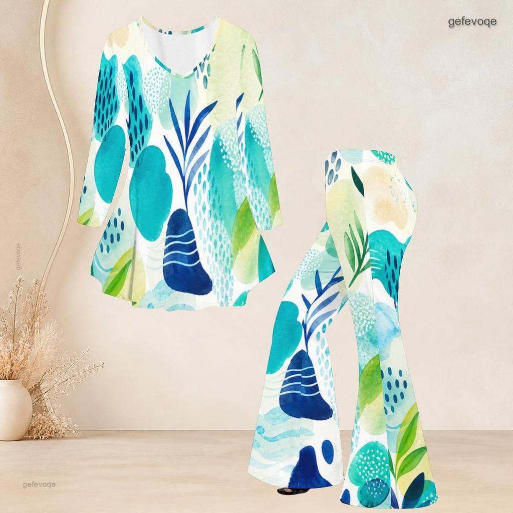 Women Plus Size Printed Round Neck Three Quarter Sleeve Flared Top And Flared Pants Two Piece Set