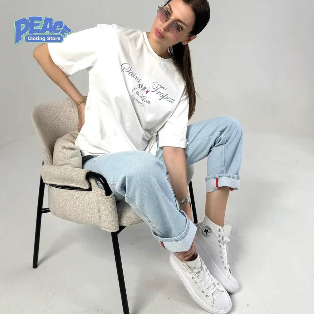 Fashionable and High-end Letter Printed T-shirt 100% Cotton T-shirt Commute Women's Clothing Summer Fashion Casual Crewneck Top