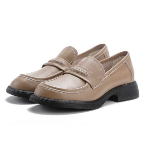 Cowhide Loafers Women's Shoes Genuine Leather Low Top Thick Heel Low Heel Soft Sole Soft Face Round Head Comfortable Versatile Casual Office