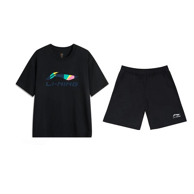 

Футболка с коротким рукавом с принтом логотипа Li Ning, модная, трендовая, универсальная, пуловер с круглым вырезом, повседневный спортивный комплект, унисекс, топы AHSVD61-2+YKSV147-2 4XL