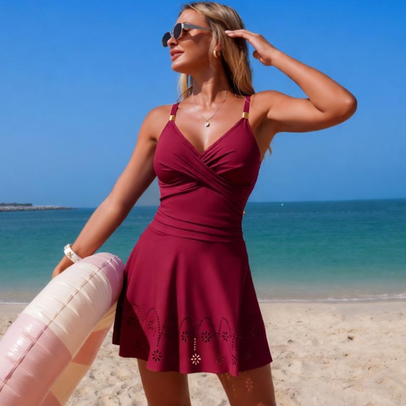 2026 European and American New One-piece Swimsuit Women's Solid Color Hollow Explosion Skirt Bikini Spot