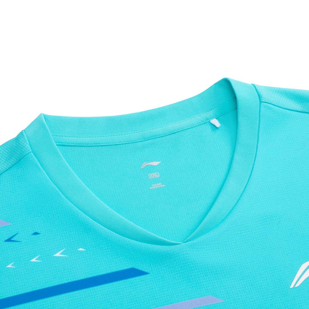 Li-Ning Club Series Striped V-Neck Competition Sports Short Sleeve T-Shirt Unisex Tops Ocean-Blue AAYU155-3