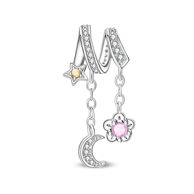 925 Silver Star Moon Charms Earrings Pendant Beads Fit Bracelet Necklace DIY Fine Jewelry Gift for Women