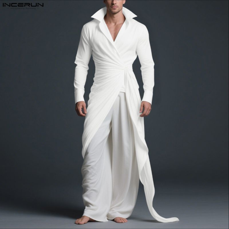 INCERUN Spring Men Lapel Neck Long Sleeve Irregular Twisted Casual Shirts Tops