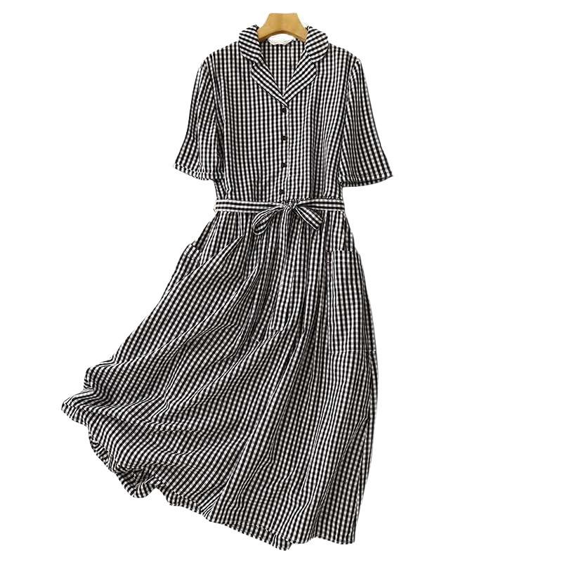 Summer women's cotton and linen plaid dress