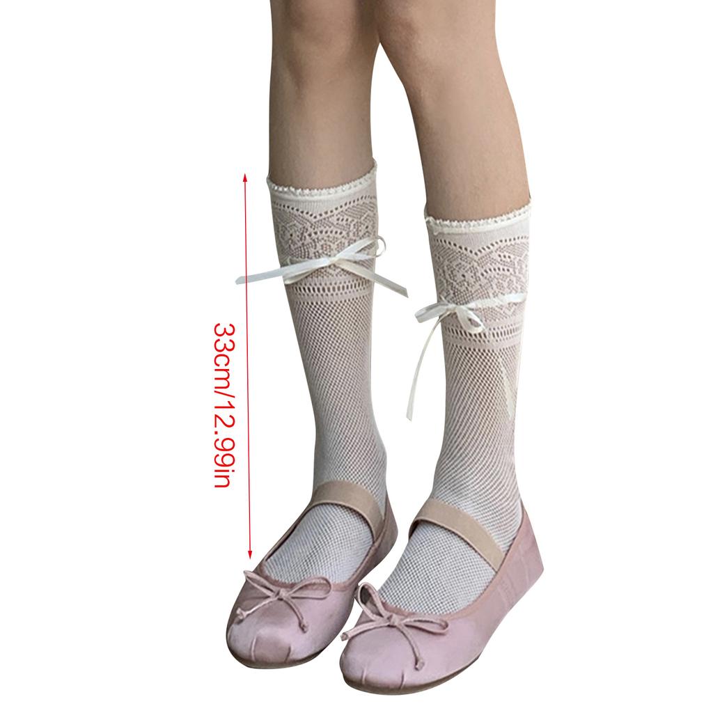 Japanese Style Sweet Hollow-Out Floral Lace Over Calf Long Socks Student Girls Cute Bowknot Frilly Stockings for Women