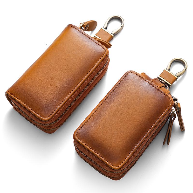 2023 Men's Genuine Leather Retro Car Key Cover, Contrast Color, Single & Double Layer Options