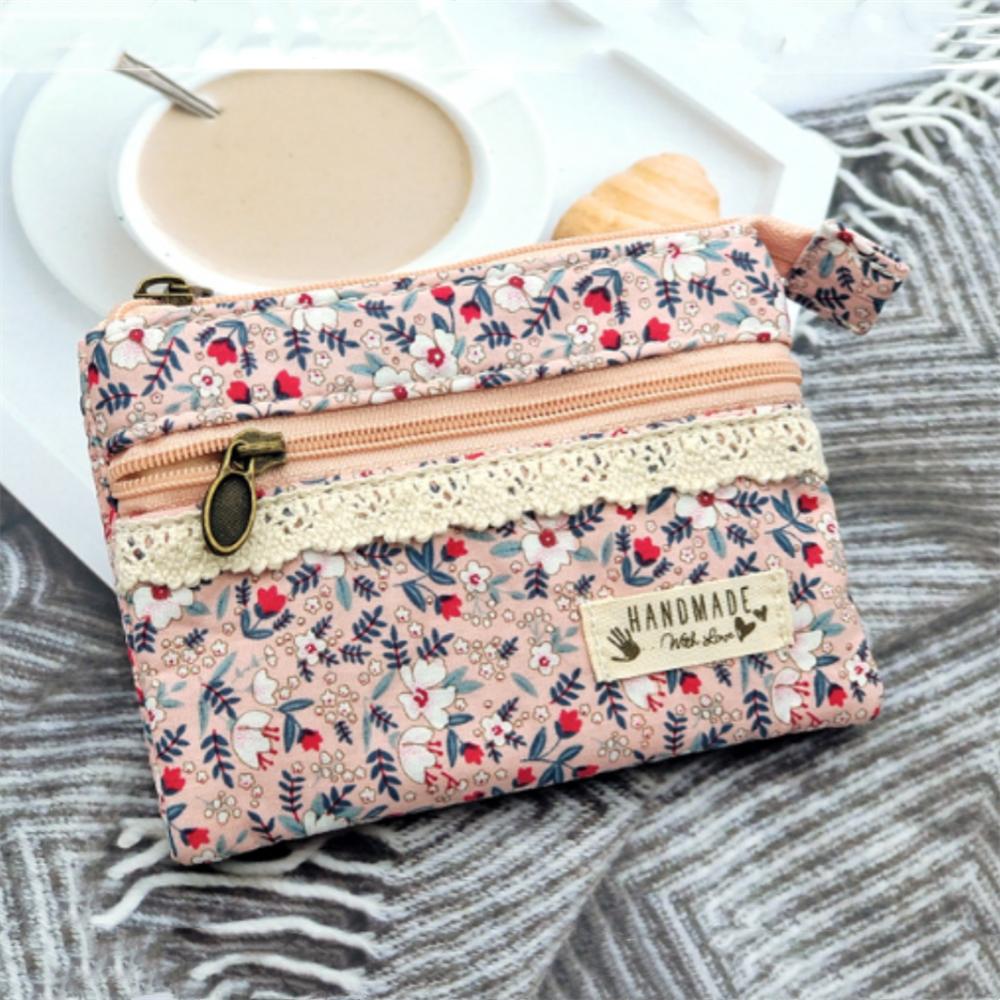 Cotton Coin Purse Portable Female Coin Pouch Canvas Change Bag Double Zipper Floral Card Holder For Women Girls Daily Life