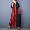 Summer Thin Cotton Linen Short Sleeved Contrasting Splicing Long Dress for Women