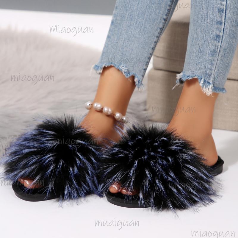 Fashion Fashion Design Black Furry Slippers Women Fluffy Fur Comfort Soft Sole Indoor Slippers Warm Faux Fur Woman Shoes 2025 Winter