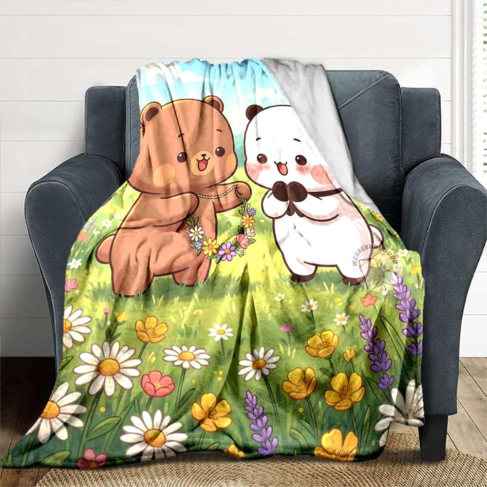 Cute Brown Bear Panda Flower Wreath Meadow Butterfly Print Flannel Blanket Soft Warm Throw Blanket For Sofa Bedroom