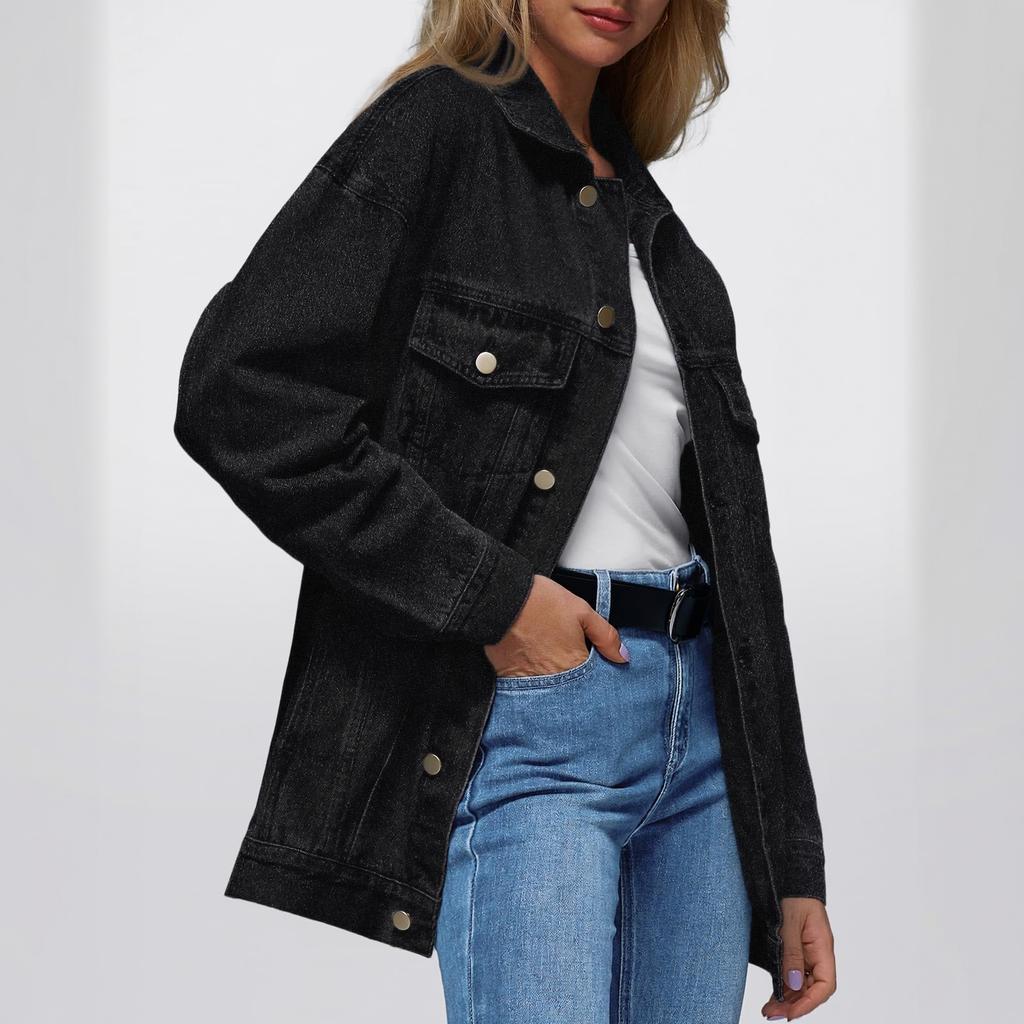 Women's Oversized Denim Jacket Button Down Boyfriend Jean Jacket with Chest Pockets