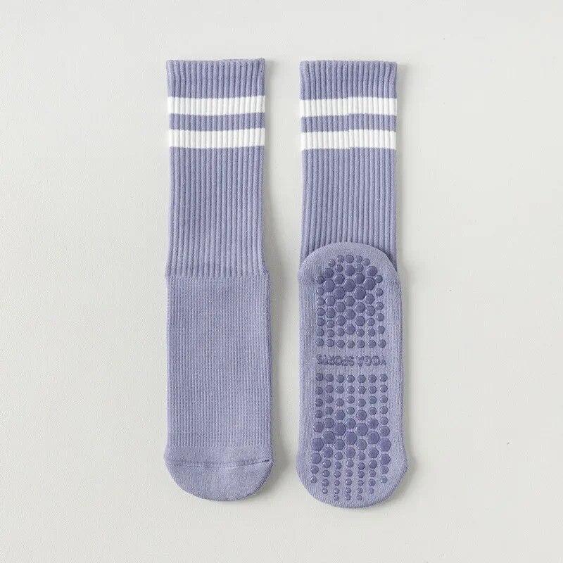 Macaron Striped Simple Cotton Mid-calf Women Yoga Socks Bottom Silicone Non-slip Sports Socks Indoor Dance Fitness Pilates Socks